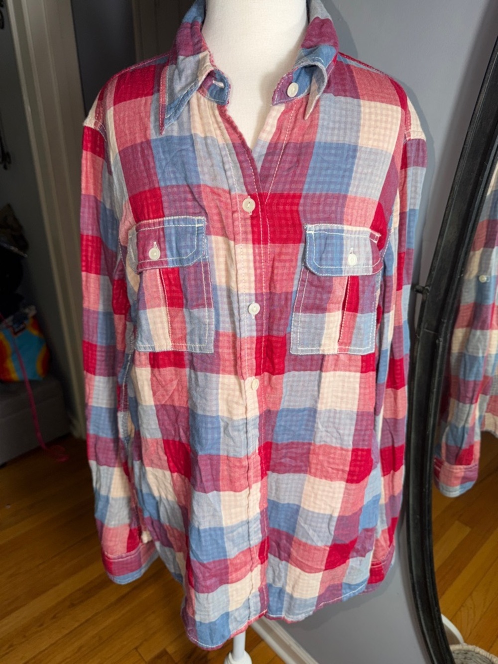 Lucky Brand  100% Cotton Red, Blue & Cream Plaid Button-Up Shirt